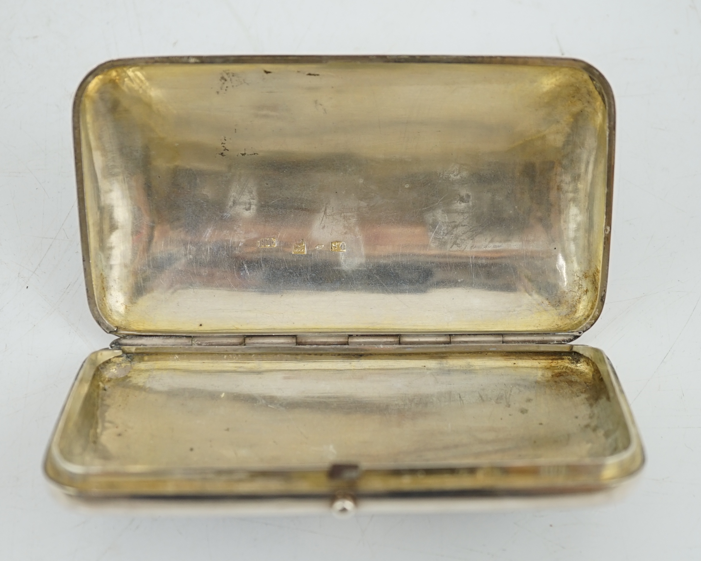 A mid 19th century Russian 84 zolotnik silver and niello cigar case, master N.N. Fyeofilov